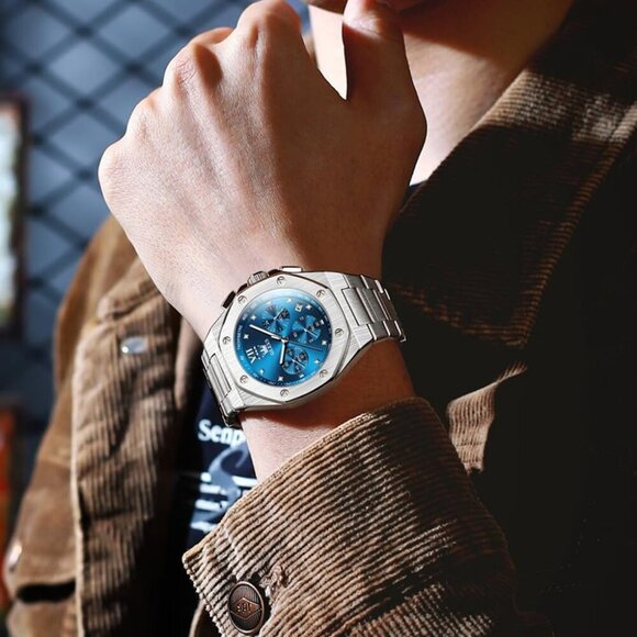 Olevs Men\'s Silver-Blue Stain Steel Analog Luminous Waterproof Easy Wear Watch main image 3